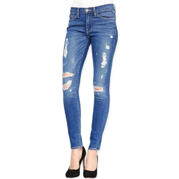Frame Le Skinny De Jeanne Distressed Jeans in Matteson Wash 25 - Picture 1 of 15